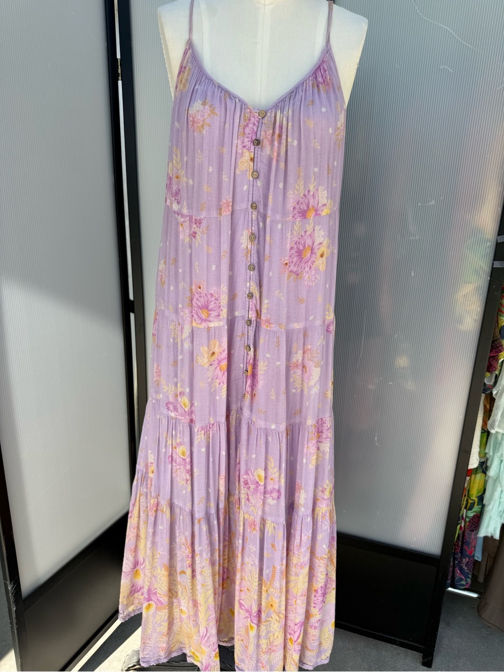 Spell Lavender-Pink Floral Tiered Button Maxi Dress